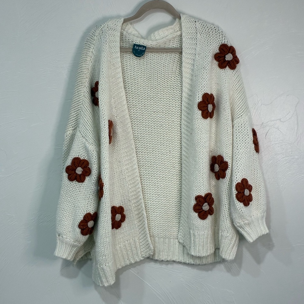 ARULA Cream Cardigan with Puffy Brown Floral Details